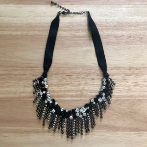 Beaded Fringe Statement Bib Necklace Black Ribbon Rhinestone